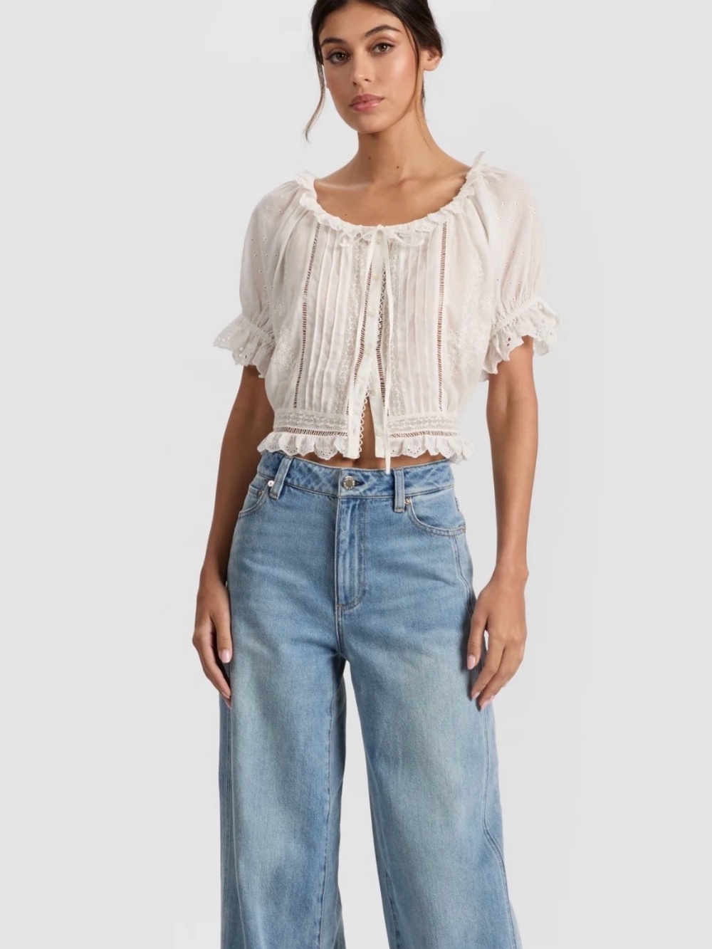 Alice + Olivia McLaine Puff Sleeve Embroidered Cotton Blouse Off White